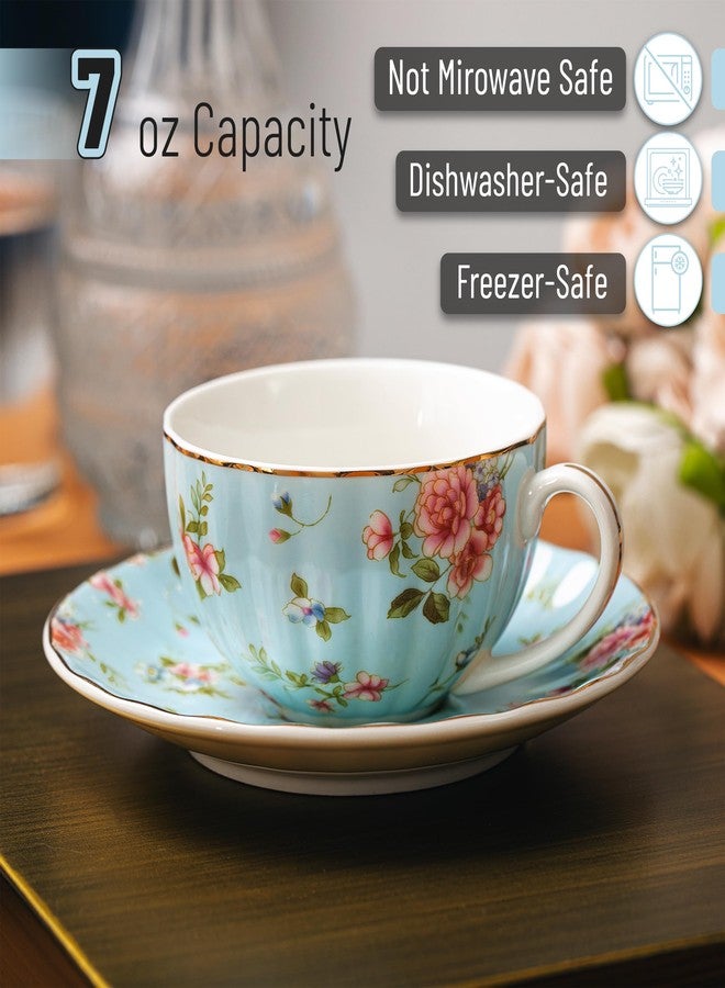 Brew To A Tea BTaT- Floral Tea Cups and Saucers Set of 6 (7 oz), Porcelain Tea Cups Set of 6, Pastel Bloom Design with Gold Trim, Dishwasher & Freezer Safe - Image 3